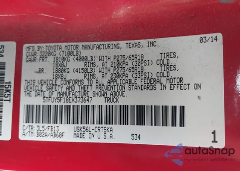 2014 Toyota Tundra Sr5 5.7L V8 из США, поврежденный, VIN 5TFUY5F18EX373647